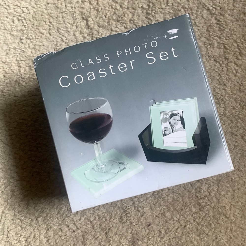 New glass photo coaster set with stand